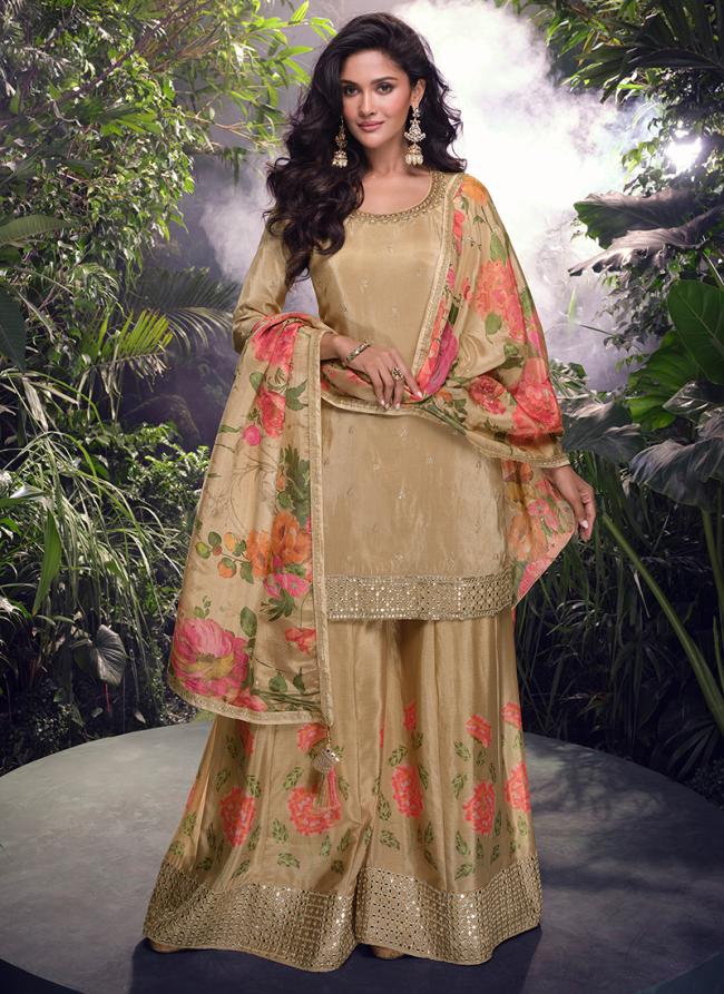 Shimmer Beige Wedding Wear Embroidery Work Readymade Plazzo Suit